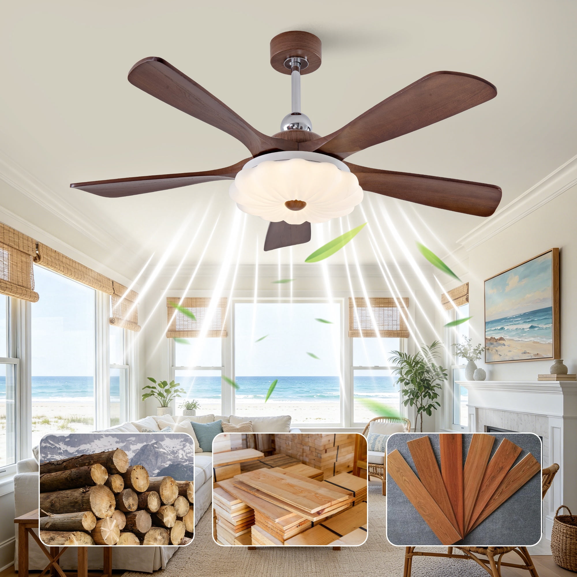 Ceiling Fan 52 Inch with 5 Solid Wood Blades and Light, Remote Control Ceiling Fan and LED Light Fixture with Reversible DC Motor for Living Room, Walnut