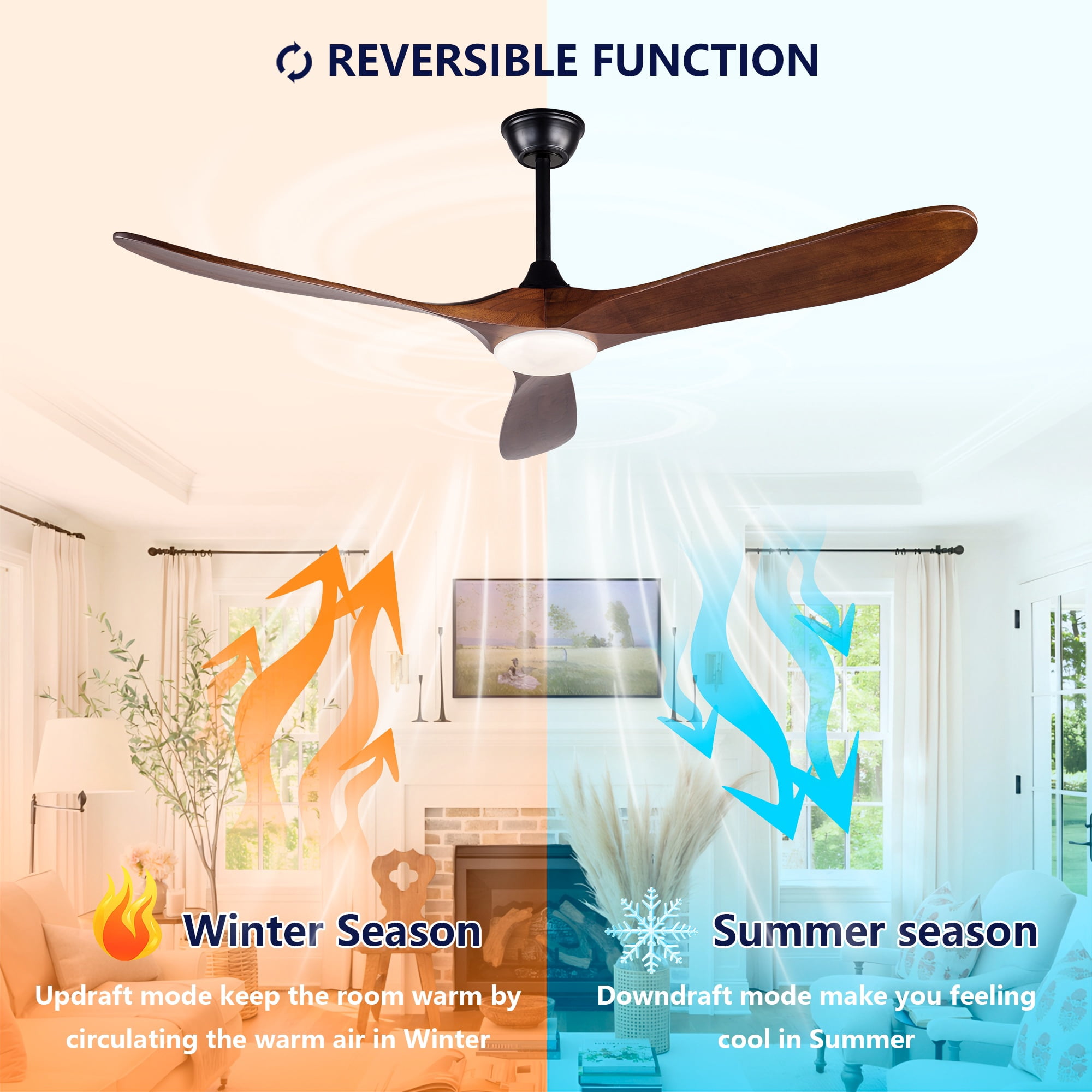 Ceiling Fan 52 Inch with 3 Solid Wood Blades and Light, Remote Control Ceiling Fan and LED Light Fixture with Reversible DC Motor for Bedroom, Black