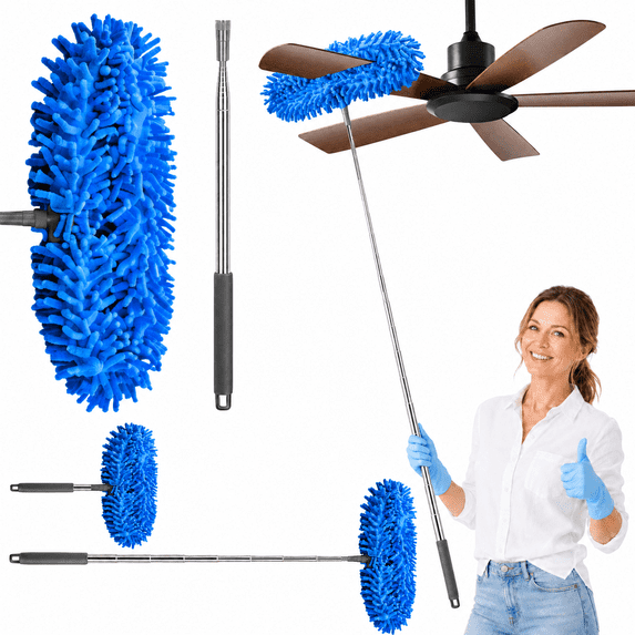 Ceiling Fan Cleaner Duster, 14.4 to 63 Inch Telescopic Microfiber Duster with Washable Electrostatic Chenille Head for Blinds and Furniture, Blue