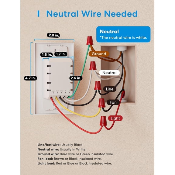 Ceiling Fan Control and Dimmer Switch, Supports HomeKit, Alexa, & SmartThings, 2.4G Wi-Fi Fan and Light Switch Combo, 4 Fan Speed, Neutral Wire Needed, Single Pole, 2 Pack