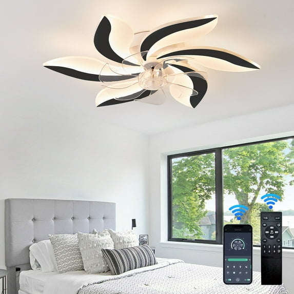 Ceiling Fan with Light, 26.8" Modern Indoor Flush Mount Ceiling Fans with Dimmable LED Lights and APP/Remote Control for Bedroom, Kitchen, Office, Living Room