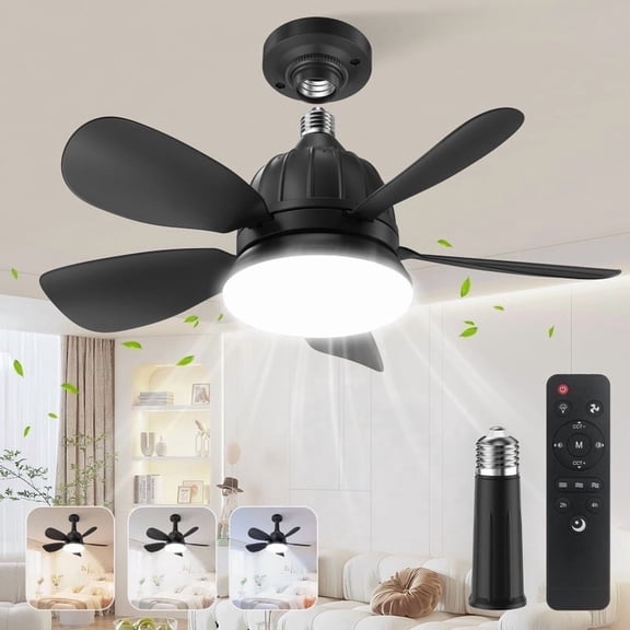 Socket Fan Light with Retome: 18'' Small Ceiling Fans with Lights, 2000 Lumens Dimmable LED Bulb for Bedroom Living Room Kitchen（Black）
