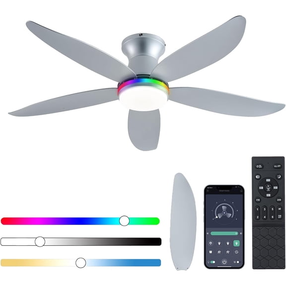 Ceiling Fan with Light, 48" RGB Low Profile Ceiling Fans with Lights and Remote Control, Dimmable, DC Reversible Motor, Noiseless, 6 Speeds Flush Mount Sliver Ceiling Fan for Bedroom