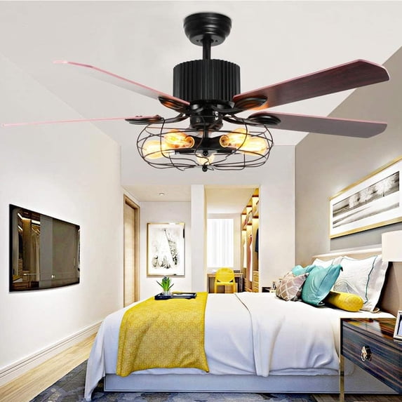 Ceiling Fan Light 52 Inch - Retro Industrial 5-Lights E27 Fixture for Restaurant/Living Room/Bedroom Create Iron Cage Rustic Style