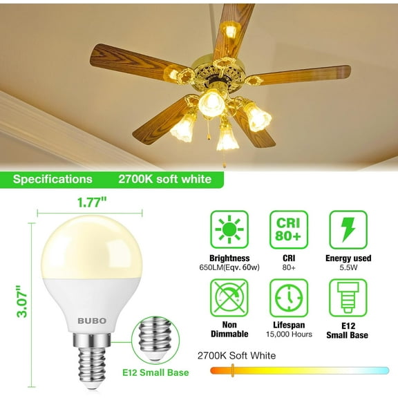 Ceiling Fan Light Bulbs 60 Watt Soft White, E12 LED Bulb Warm White 2700K, Light Bulbs Small Base, A15 Candelabra Base LED Light Bulb 5.5W for Light Fixture, 120V, 650LM, Non-Dimmable, 6 Pack