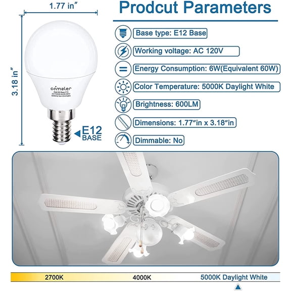 Ceiling Fan Light Bulbs Candelabra LED Bulbs - 60 watt Equivalent, 5000K Daylight White Candelabra E12 Base A15 Small Light Bulbs,600lm,Non-Dimmable, Pack of 6