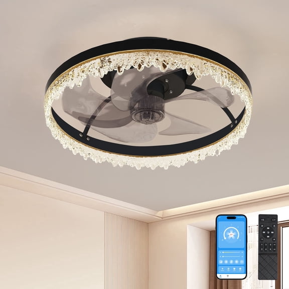 Ceiling Fan with Light Flush Mount Ceiling Fan Bladeless Ceiling Fan with Remote APP Control 16 Inch Low Profile Invisible 5 Blades Dimmable LED Chandelier Crystal Ring Luxury Black