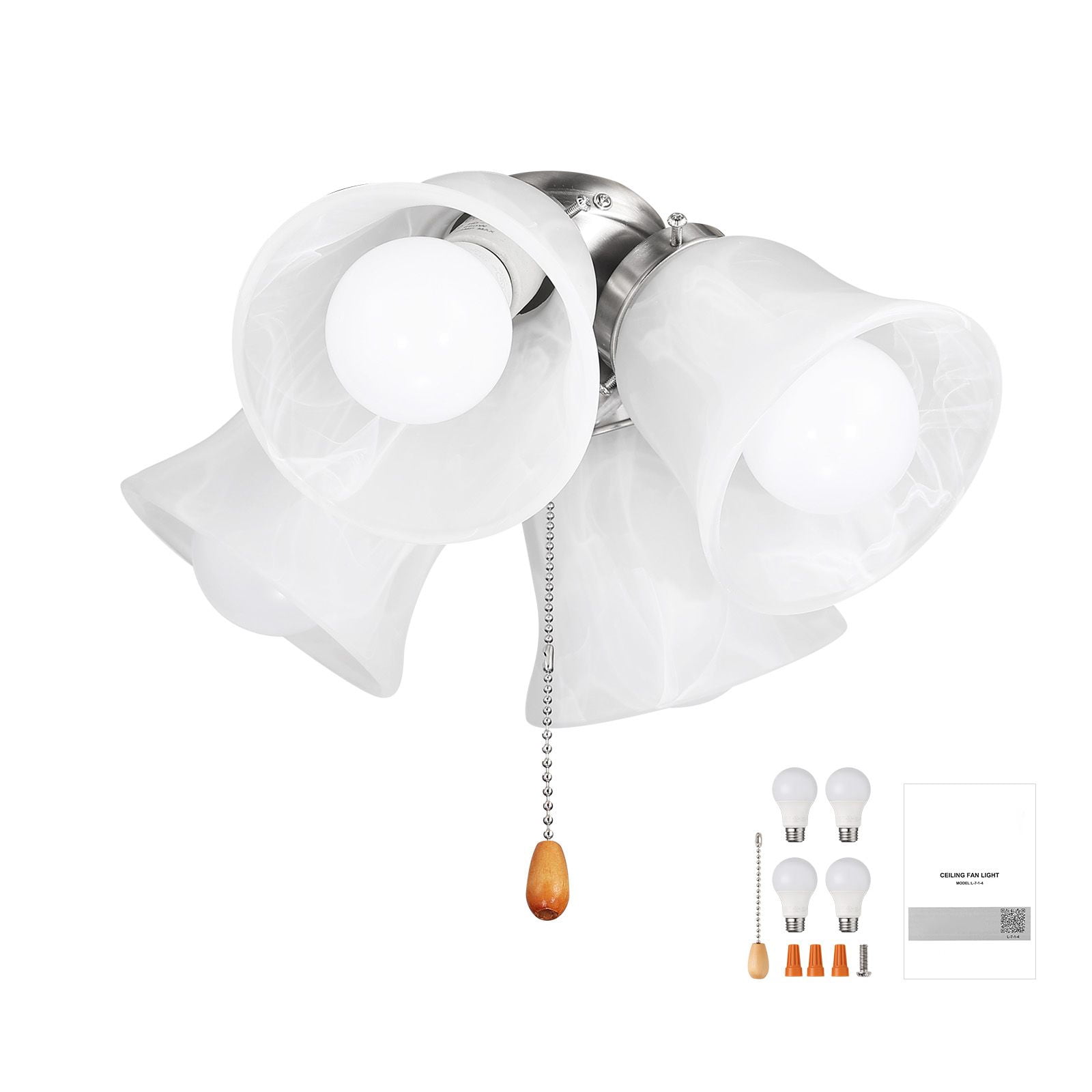 Ceiling Fan Light Kit, 10.28 x 6.89 Inches, 4 x 3000K 750-Lumen Bulbs, Alabaster Glass Shade, Pull-Chain Switch, for Living Room, Dining Room & Bedroom