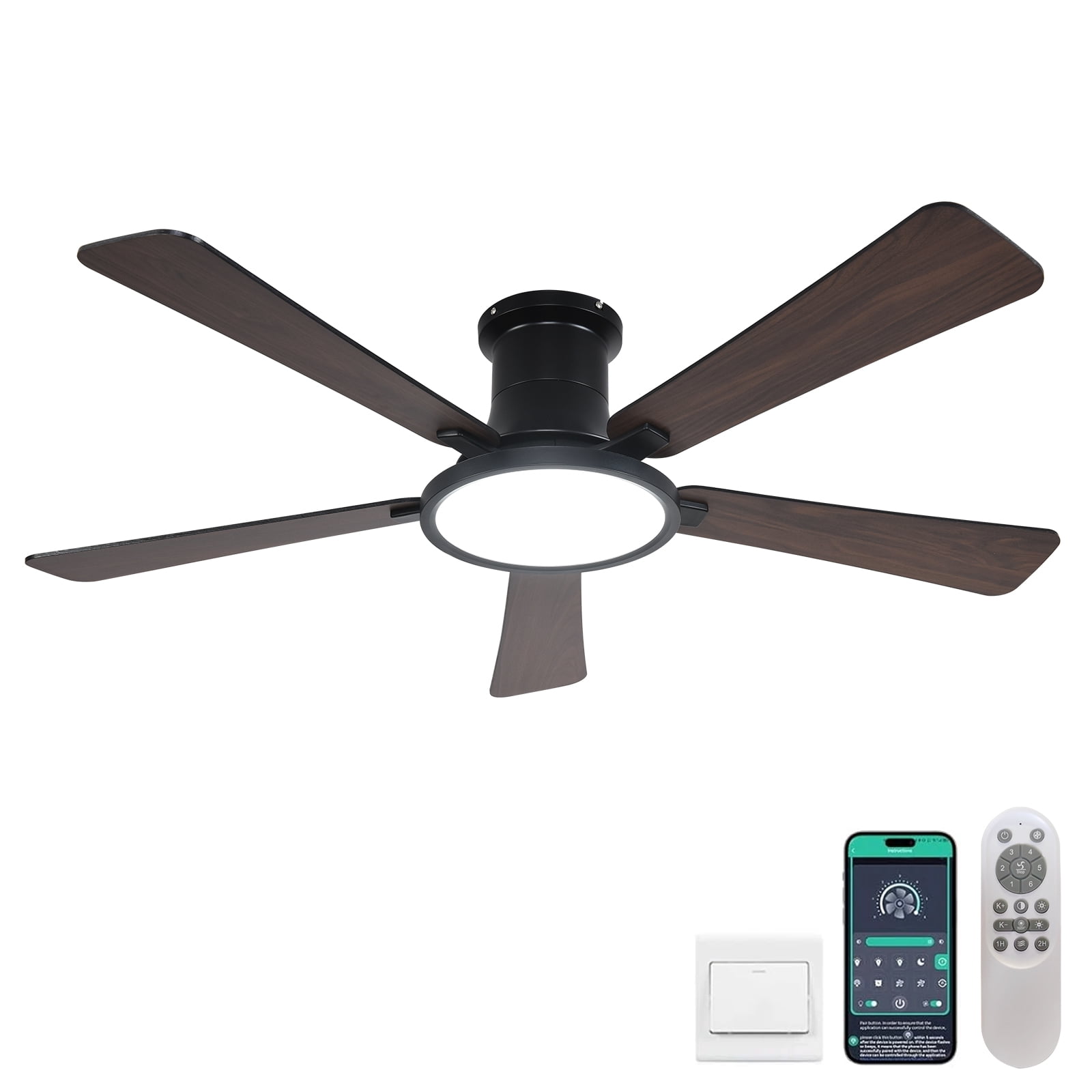 52 Inch Bladeless Ceiling Fan With Light, 6-speed Remote Control, 3-color Dimmable Led, Flush Mount, Quiet Reversible Motor For Bedroom, Living Room, Kitchen, Black