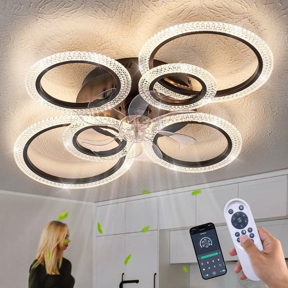 Ceiling Fan with Light and Remote, Black Low Profile Ceiling Fans with Lights, Flush Mount Ceiling Fan with 3 Light Color 6 Speeds, Fandelier Ceiling Fan for Kitchen Living Room 6-Ring