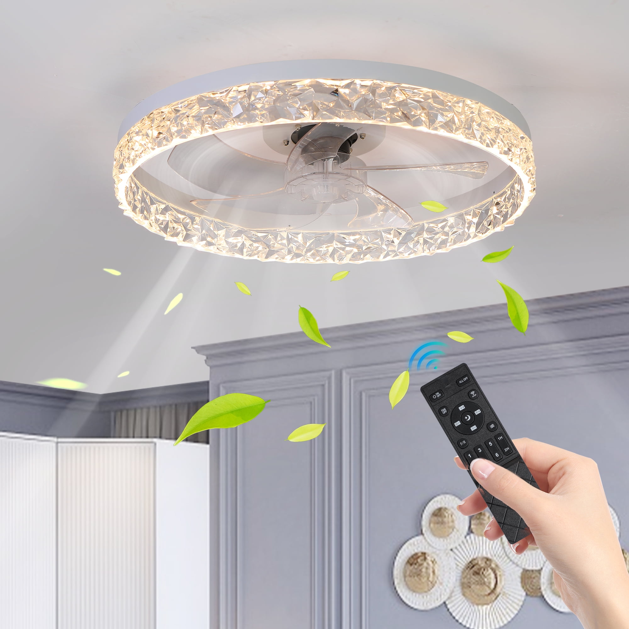 Ceiling Fan Light with Remote Control, Dimmable LED Chandelier, 6-Speed Adjustable, Quiet Motor, Flush Mount Design for Living Room, Bedroom, Dining Room