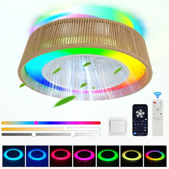 Ceiling Fan Light with Remote Control, Modern Rustic Rope Woven Design Semi Flush Mount Quiet Fan with LED RGB Mood Lighting for Bedroom, Living Room, or Dining Room