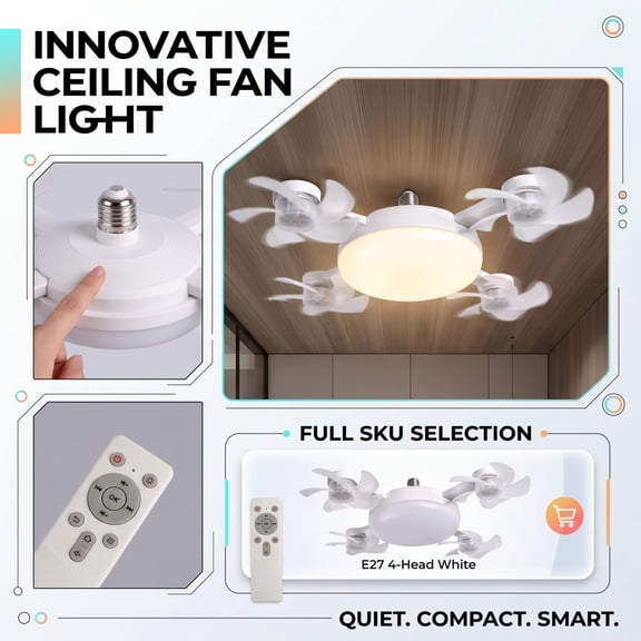 Ceiling Fan with Light and Remote, E27 Screw Socket Fan Light Combo, 4 Blade Ceiling Fan with Led Light, Energy Efficient Ceiling Fan Light, Silent Operation Fan for Small Rooms