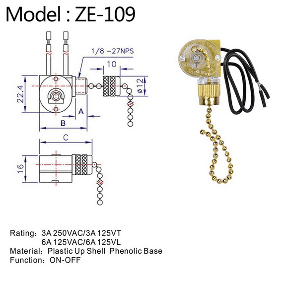 Ceiling Fan Light Switch ZE-109 Two-Wire Light Switch with Pull Cords for Ceiling Light Fans Lamps 4Pcs Gold