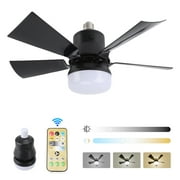 Socket Fan Light with Remote, 16” Screw Ceiling Fans with 3-Speeds, Dimmable LED, E26/E27 Base, Socket Fan Ceiling Fan for Garage Bathroom Bedroom Kitchen, Black Round Lamp