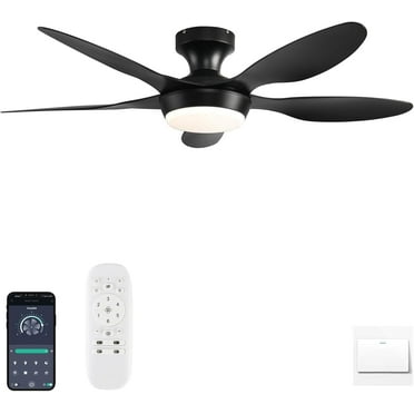 Ceiling Fan with Lights, 46 Inch Low Profile Ceiling Fan with Light and Remote/APP Control, Flush Mount 6 Speeds DC Reversible Dimmable Noiseless Timer Ceiling Fans for Bedroom, Indoor/Outdoor, Black