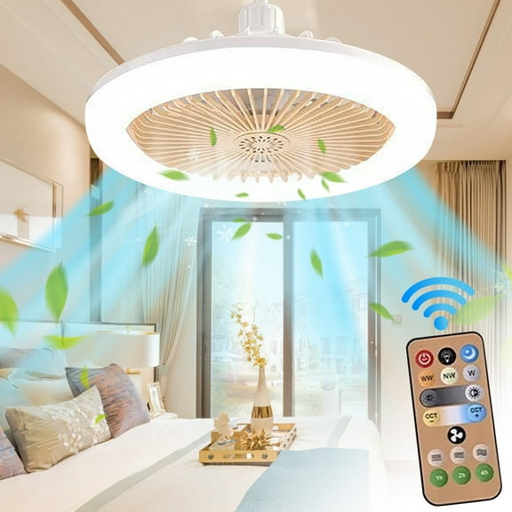 Ceiling Fan with Lights and Remote, Modern Bladeless Low Profile Flush Mount Fandelier with Dimmable LED, Enclosed Low Fan Light for Bedroom, Living Room