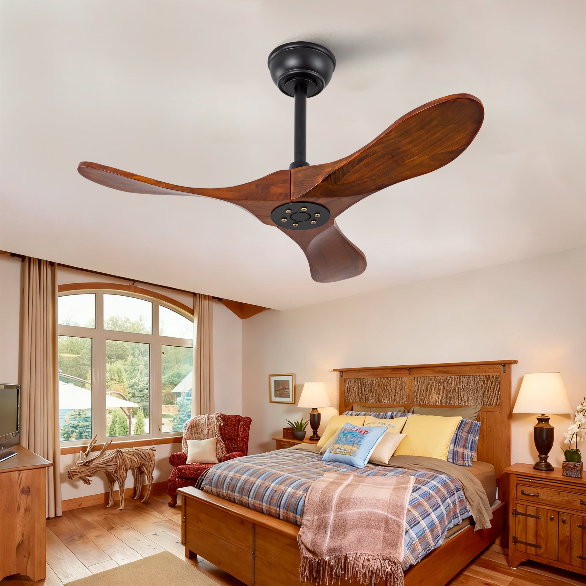 Ceiling Fan No Light, 36 Inch 3 Blades Solid Wood Outdoor Fan with Remote Control for Patio Living Room Bedroom, Black Dark Walnut