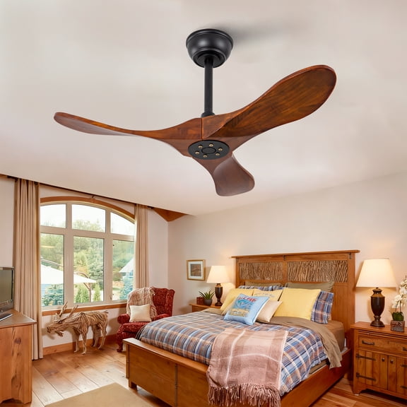 Ceiling Fan No Light, 36 Inch 3 Blades Solid Wood Outdoor Fan with Remote Control for Patio Living Room Bedroom, Black Dark Walnut