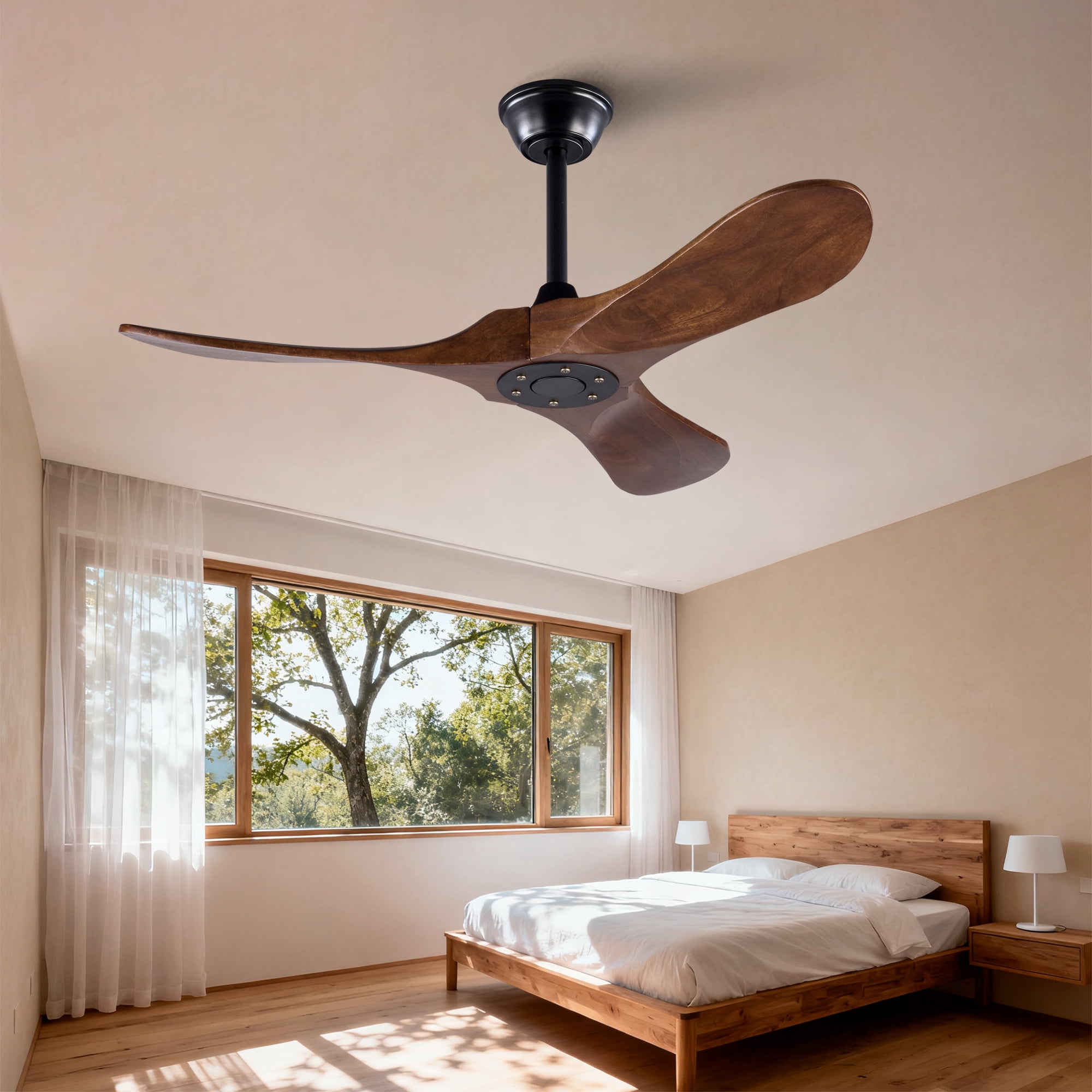 Ceiling Fan No Light, 42 Inch 3 Blades Solid Wood Outdoor Fan with Remote Control for Patio Living Room Bedroom, Black Dark Walnut