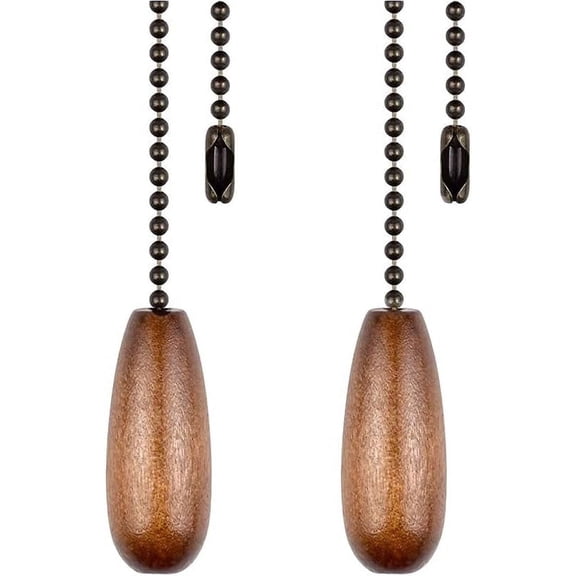 Sinvic Ceiling Light Fan Pull Chain Extension 12'' Long Metal Bead Ball Chain with Walnut Wood Pendant 2 Pcs