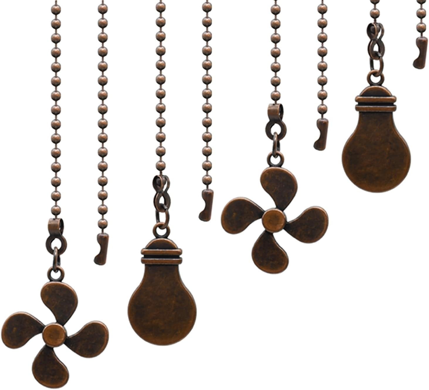 Ceiling Fan Pull Chain Set, 4 Pieces Bulb and Fan Pattern Pull Chain Extension Fan Pull Chain Pendant 12 Inch Ceiling Fan Chain Extender with Ball Fan Chains Connector (Red Bronze)