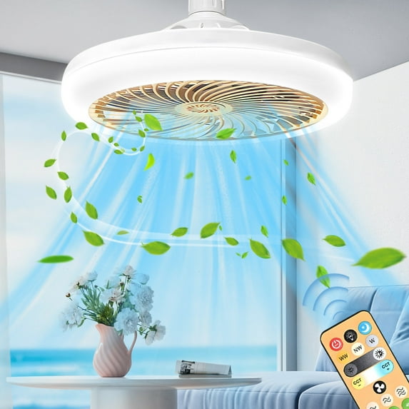 Ceiling Fan with Remote Control and Lighting, Socket Fan Light 3 Colors 3000K-6500K Dimmable E27 LED Ceiling Lights, 3 Speeds for Bedroom, Living Room ,Yellow