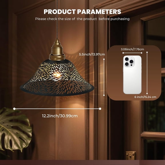 Ceiling Fan Replacement Globes 12.2x4.9x7.5 Inches Fitting Opening 1.65" Etching Small Chrysanthemum Metal Lamp Shade (Black Gold)