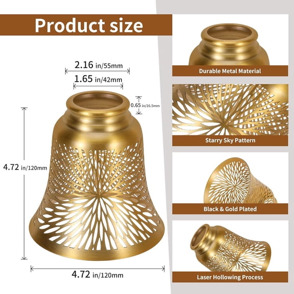 Ceiling Fan Replacement Globes, 4 Pack Chrysanthemum Pattern Fixture Replacement Globes Shades with 1-5/8" Fitter, 4.5" Height 4-3/4" Diameter, Metal Cover for Pendant Lamp-Yellow Brass&Gold