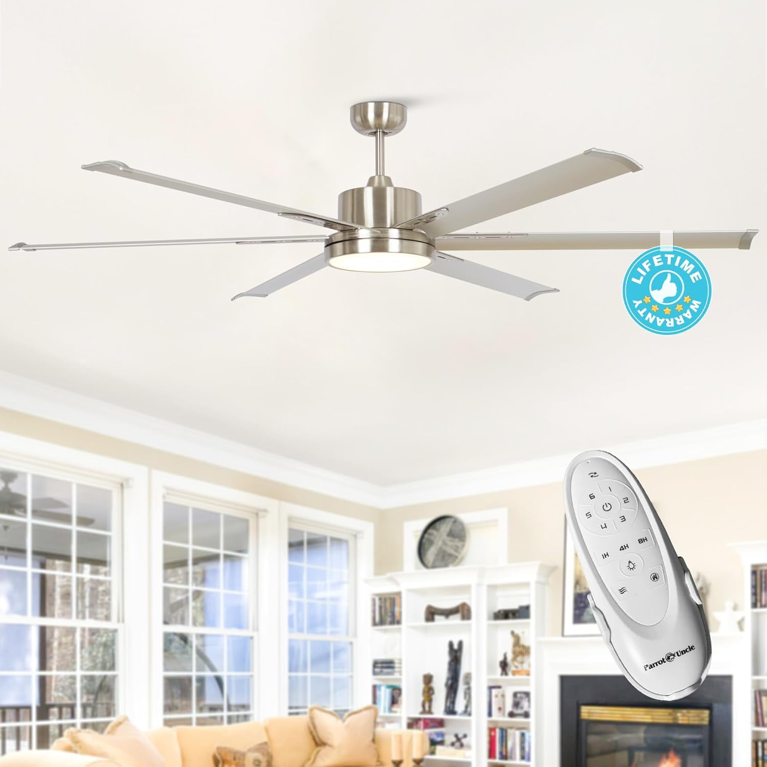Ceiling Fan with Light,65 inch Ceiling Fan with Remote Control 6 Reversible Blades, LED Light with Fan,Brushed Nickel for Covered Outdoor