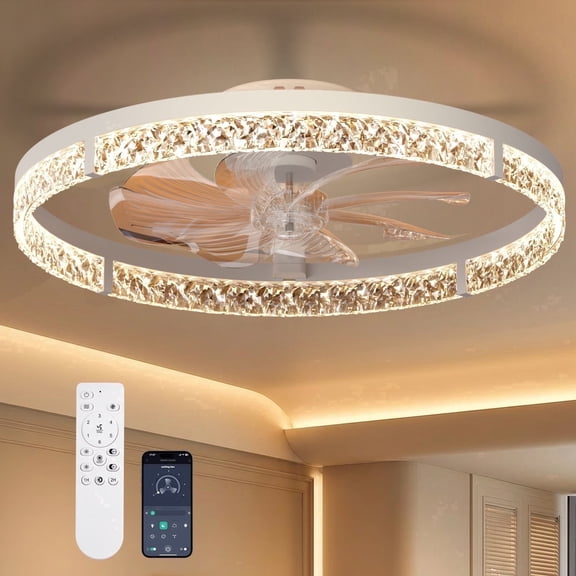 AIDEL 24" Ceiling Fan with Light, Flush Mount Low Profile, Remote & App Control, Dimmable 3CCT LED, White