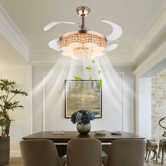 Ceiling Fan with Light Modern LED Fan Chandelier +4 Blades W/ Remote Control Gold for Indoor