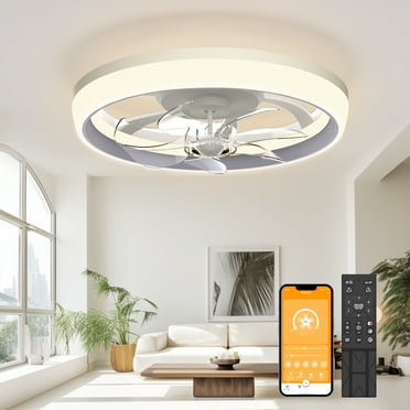 Ceiling Fan with Light, Remote & APP Control, 19" Low Profile Ceiling Fan with 3 Colors Lighting and 6 Wind Speeds, Invisible Bladeless Ceiling Fan