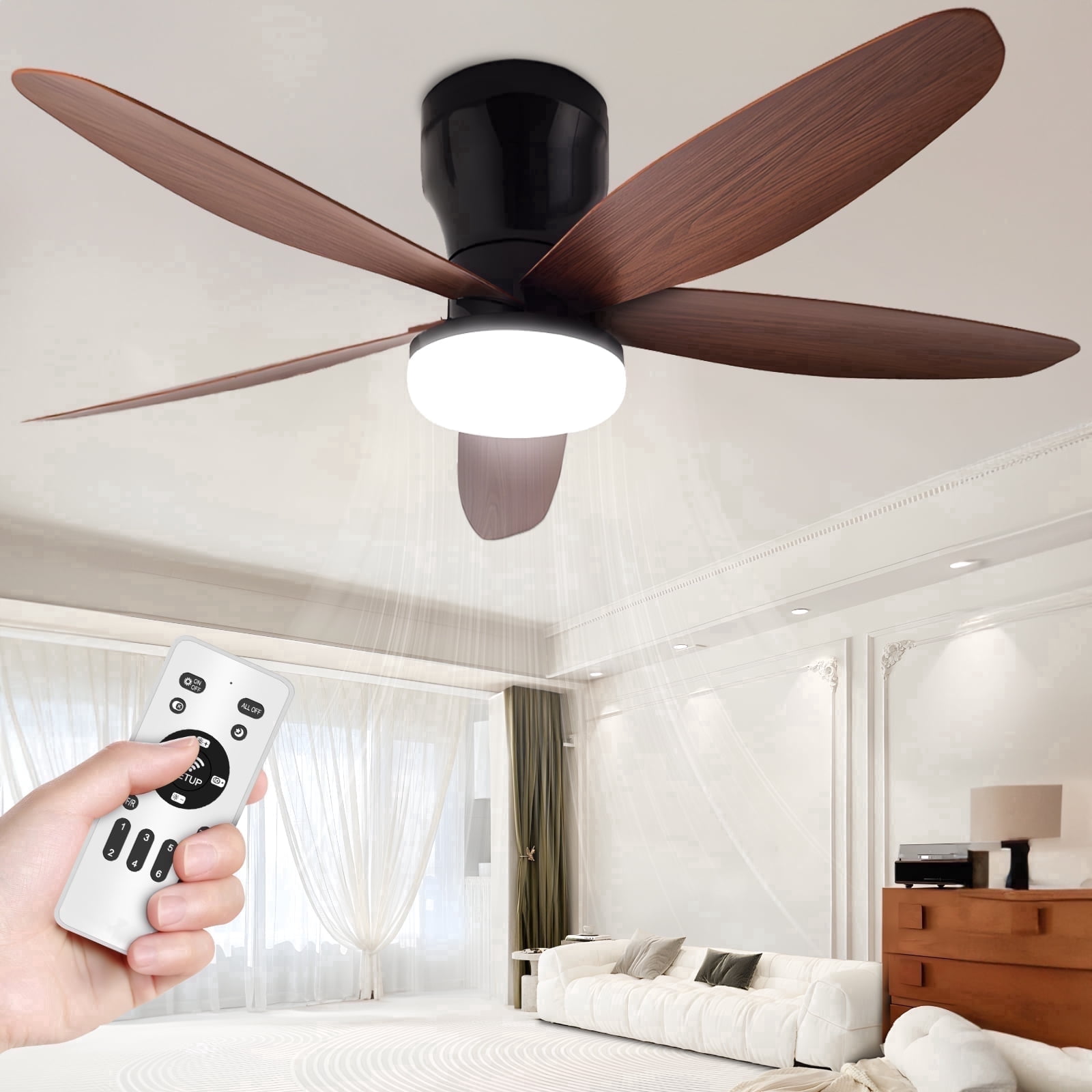 42" Ceiling Fans with Light 6 Speed Ceiling Fans with Remote Control for Bedroom Living Room Reverse Airflow