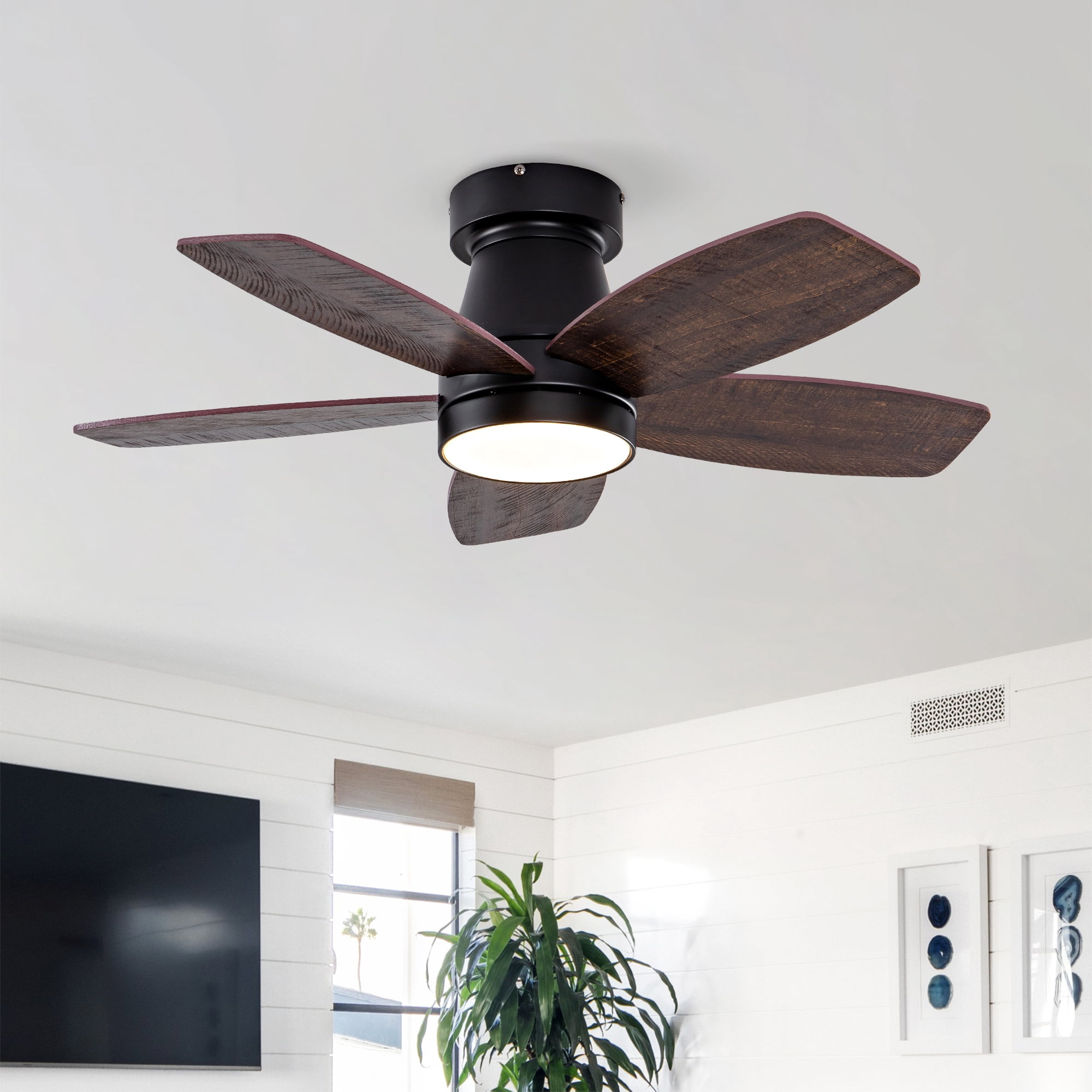 Ceiling Fan with Lights, 32 Inch Low Profile Flush Mount Reversible DC Motor Remote Fan for Bedroom Home, Black Dark Walnut