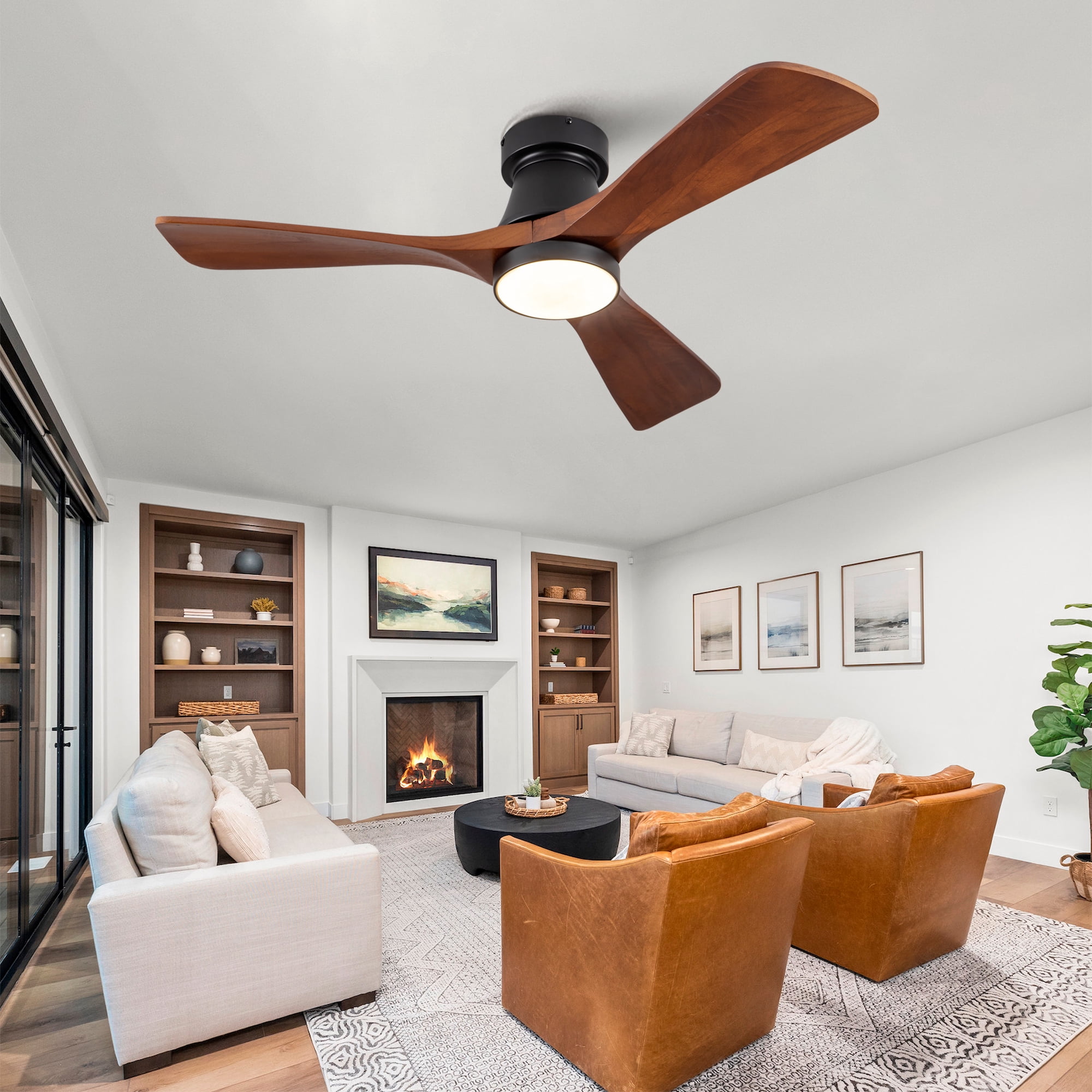 Ceiling Fan with Lights, 42 Inch Dimmable LED Reversible DC Motor Flush Mount Fan for Indoor Outdoor Bedroom, Black Dark Walnut