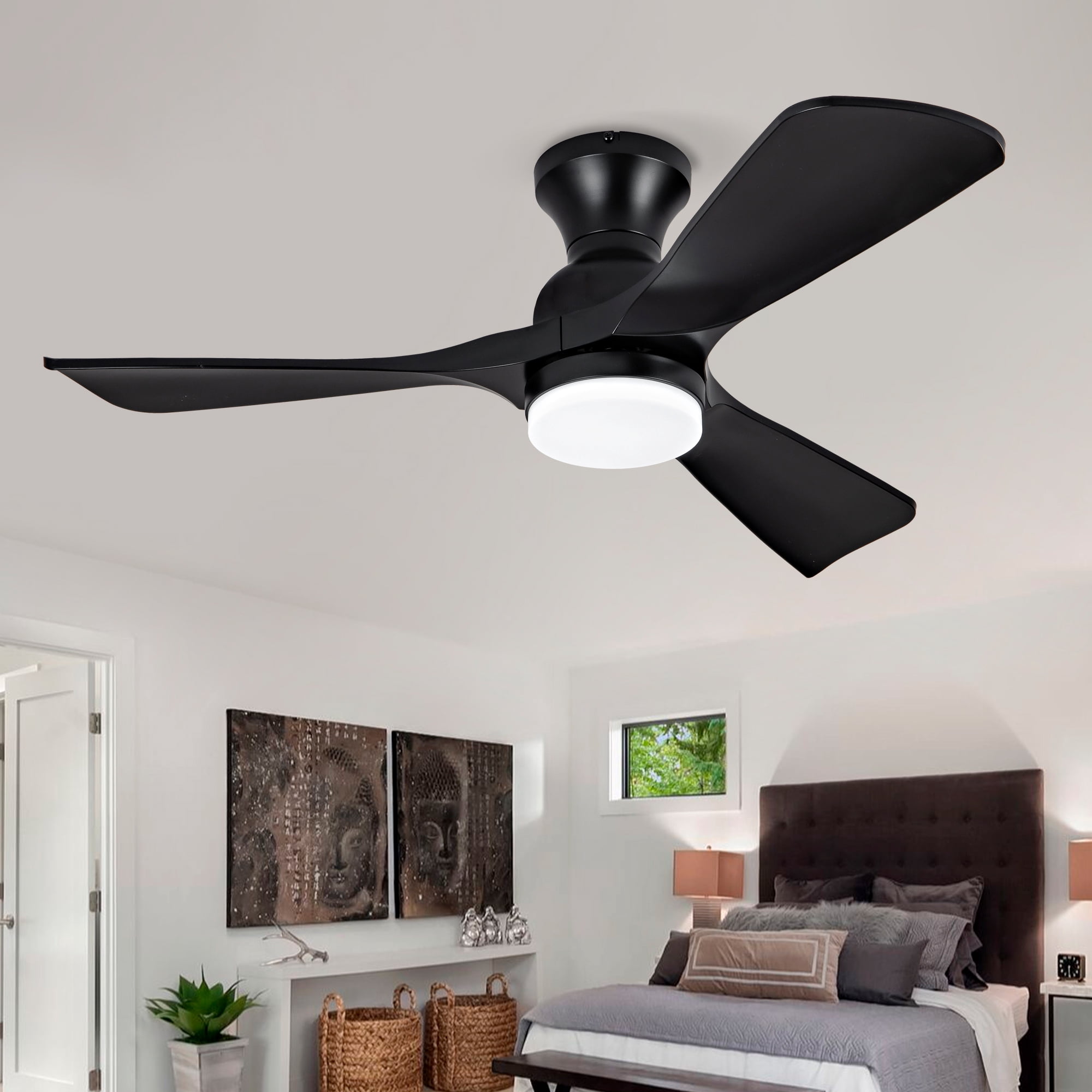 Ceiling Fan with Lights, 42 Inch Flush Mount Remote Control ABS Blades Indoor Ceiling Fan for Bedroom Living Room, Black