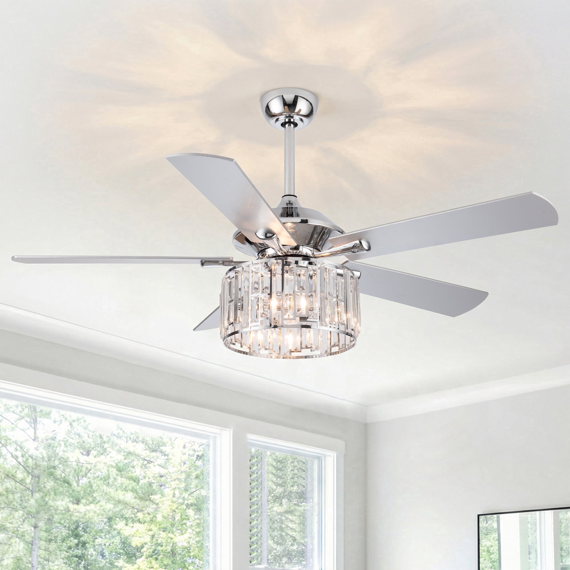 Parrot Uncle 52" Crystal Chandelier Ceiling Fan with Remote and Lights, Double-Sided Blades Fandelier, Chrome