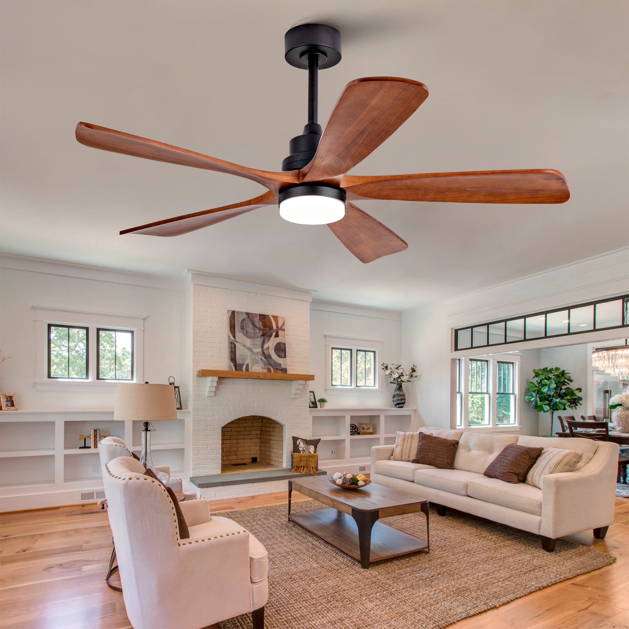 Ceiling Fan with Lights, 52 Inch Remote Control 5 Solid Wood Blades Outdoor Fan for Patio Farmhouse Bedroom, Black