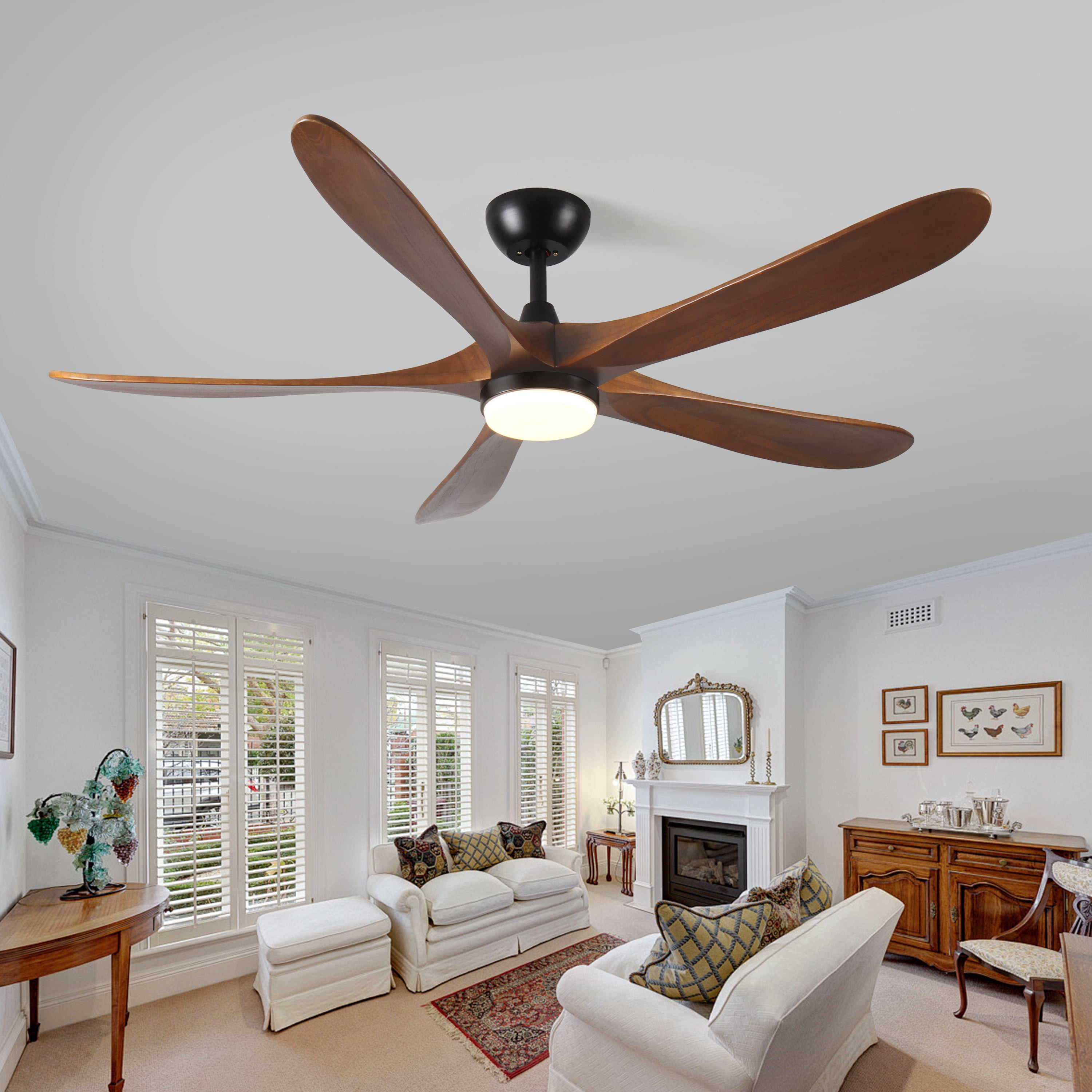 Ceiling Fan with Lights, 62 Inch Solid Wood LED Remote Ceiling Fan for Patio Bedroom Farmhouse Household, Antique Brown