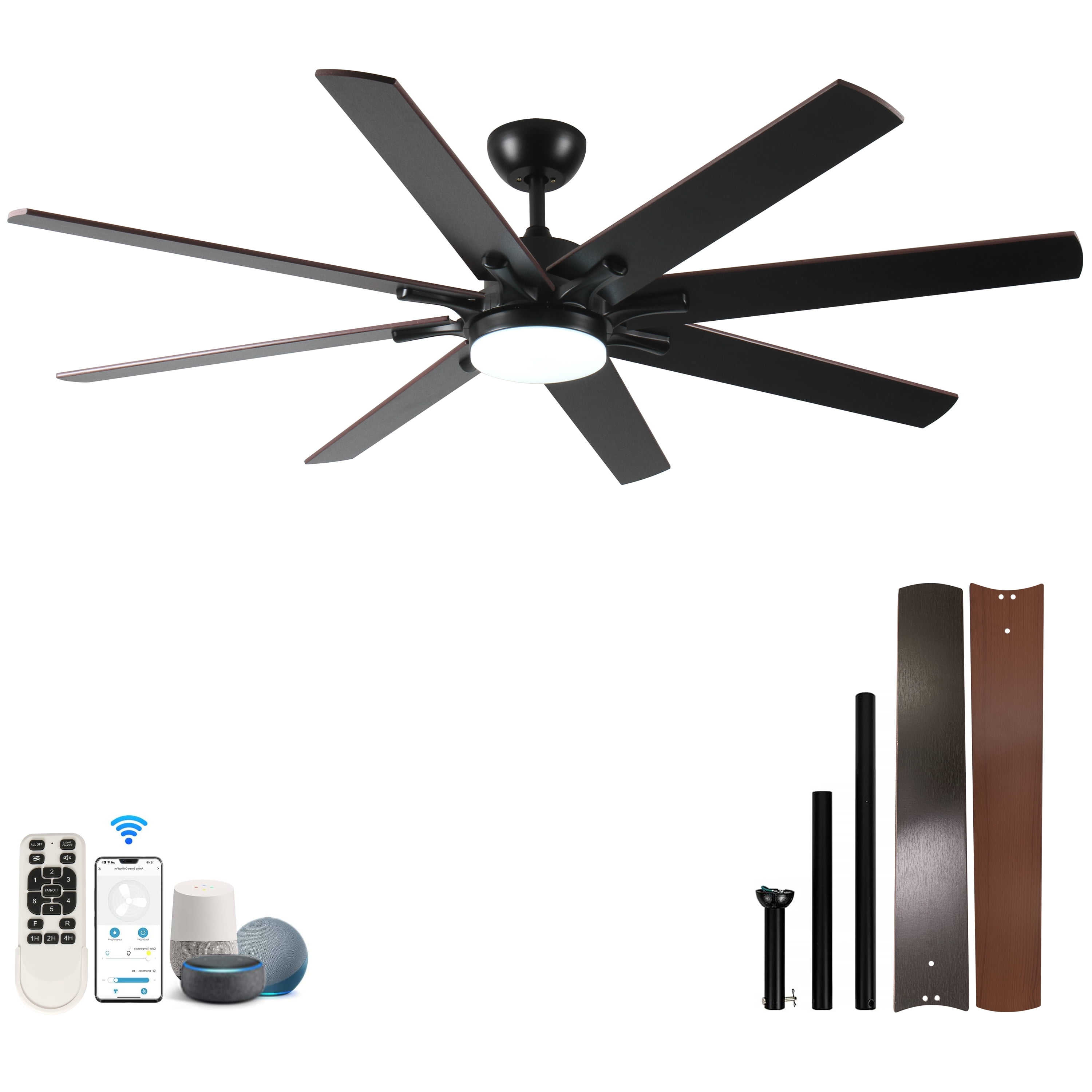 Ceiling Fan with Lights, 72 Inch Large Modern Remote Ceiling Fan for Kitchen Living Room Indoor Outdoor Space, Black Dark Walnut