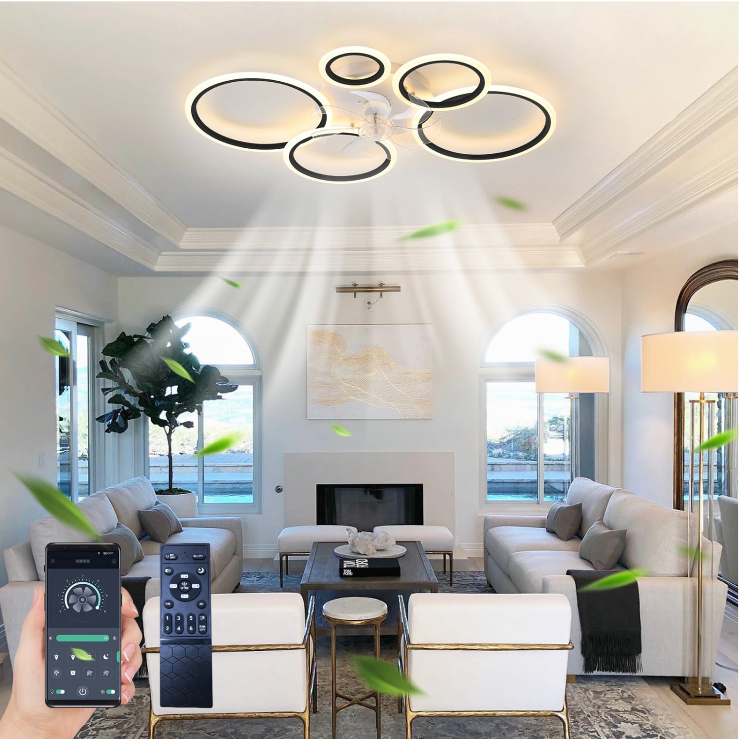 Ceiling Fan with Lights Remote Control and APP Control, Dimmable with Remote 7 Blades 6 Speeds of Wind, Black