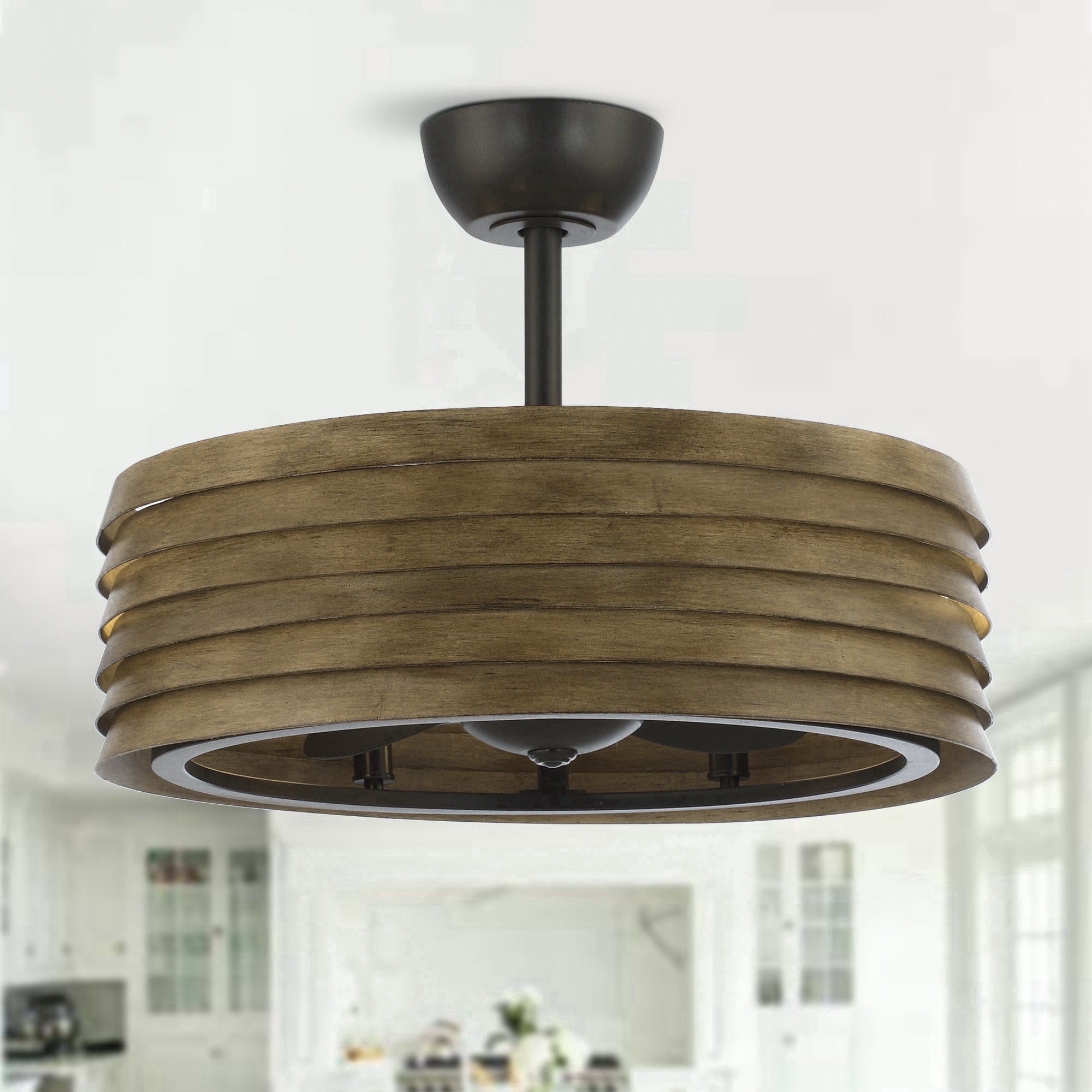 Parrot Uncle Farmhouse 24" Drum Bladeless Ceiling Fan with Lights and Remote, Brown Chandelier Ceiling Fan for Dining Room