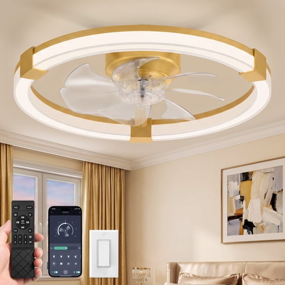 Lokivas 20in Ceiling Fan with Lights and Remote Control, Low Profile Ceiling Fan with 6 Speeds, Reversible DC Motor, for Bedroom, Living Room, Gold