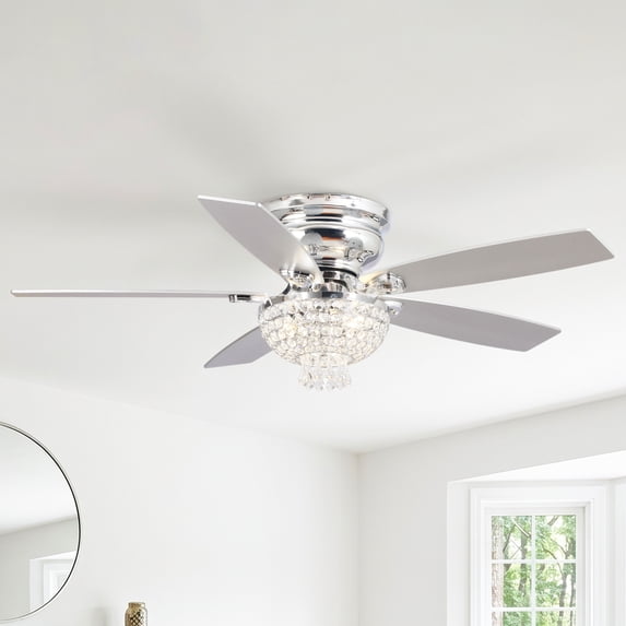 Parrot Uncle 52" Modern Chrome Flush Mount Chandelier Ceiling Fan with Lights and Remote, Low Profile Ceiling Fan for Bedroom, Living Room