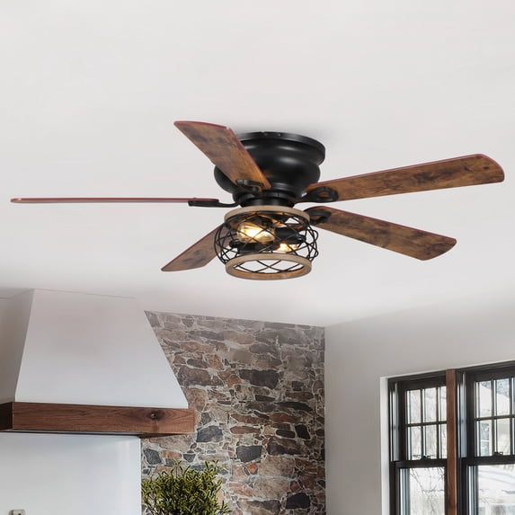 Parrot Uncle Farmhouse 48-Inch Brown Ceiling Fan with Lights and Remote, Low Profile Ceiling Fan with Light