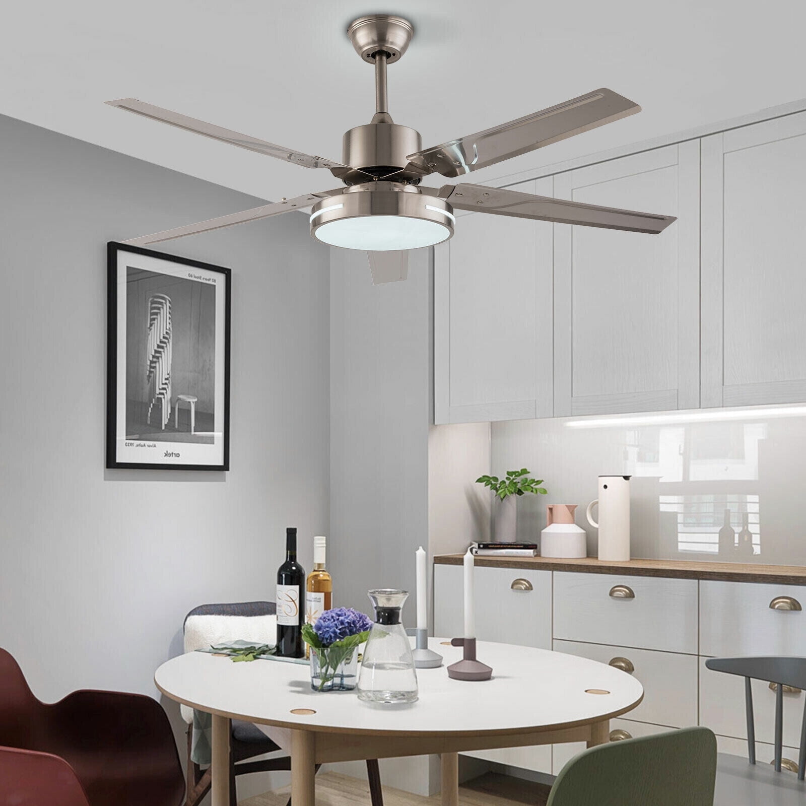 Ceiling Fan with Lights and Remote, Quiet Motor 48-inch Ceiling Fan with 5 Blades, 3 Speed 3 Light, Big Fans for Living Room, Bedroom, Silver