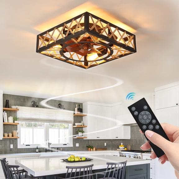 Ceiling Fan with Remote Control, Square Caged Industrial Ceiling Fan with 6 Speeds & Noiseless DC Motor
