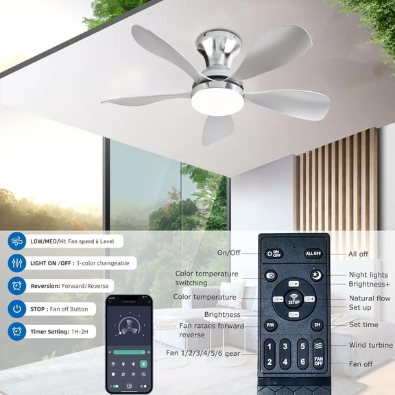 Ceiling Fans with Lights, 33 Inch Low  Ceiling Fan with Light and Remote Control, Flush Mount, 3CCT, Dimmable, Noiseless, Reversible, Silver Small Ceiling Fan for Bedroom Indoor/Outdoor Use