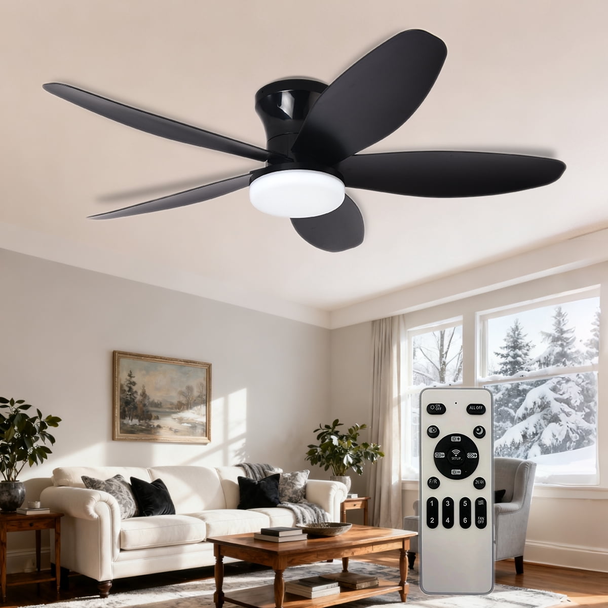 Ceiling Fans with Lights, 36 inches Low Profile Ceiling Fan with Light and Remote/APP Control, Fully Dimmable LED Light and Reversible Moter, Modern Ceiling Fan for Bedroom Living Room, Black